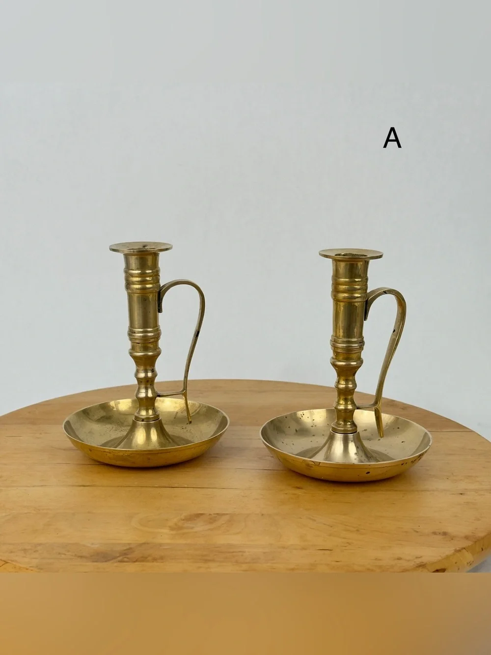 Mid 20th Century Pair of Brass Chamberstick Candle Holders w Handle & Drip Tray